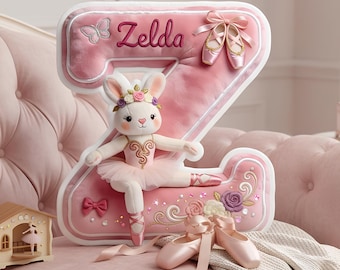 Personalized Bunny Ballet Alphabet Shape Pillow, Custom Name Ballerina Girl Cute Plush Pillow, Ballet Lover Pillow, Gift For Daughter
