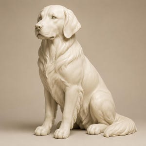 May include: A cream-coloured, solid-toned sculpture of a sitting dog, specifically a Golden Retriever. The figurine features detailed moulded fur texture, floppy ears, and a focused expression, captured in a monochromatic, neutral-toned finish.