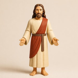 May include: A figurine of a man with long brown hair and a beard, wearing a cream-colored robe with a red sash and brown belt. The figure has open arms and bare feet, with a serene expression. Religious figurine.