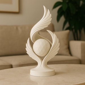 Peut inclure: Une sculpture crème représentant une sphère géométrique centrale encadrée par des ailes stylisées. Les ailes s'incurvent vers le haut et vers l'extérieur, créant une forme dynamique et élégante. La sculpture est posée sur une base ronde, idéale pour la décoration intérieure.