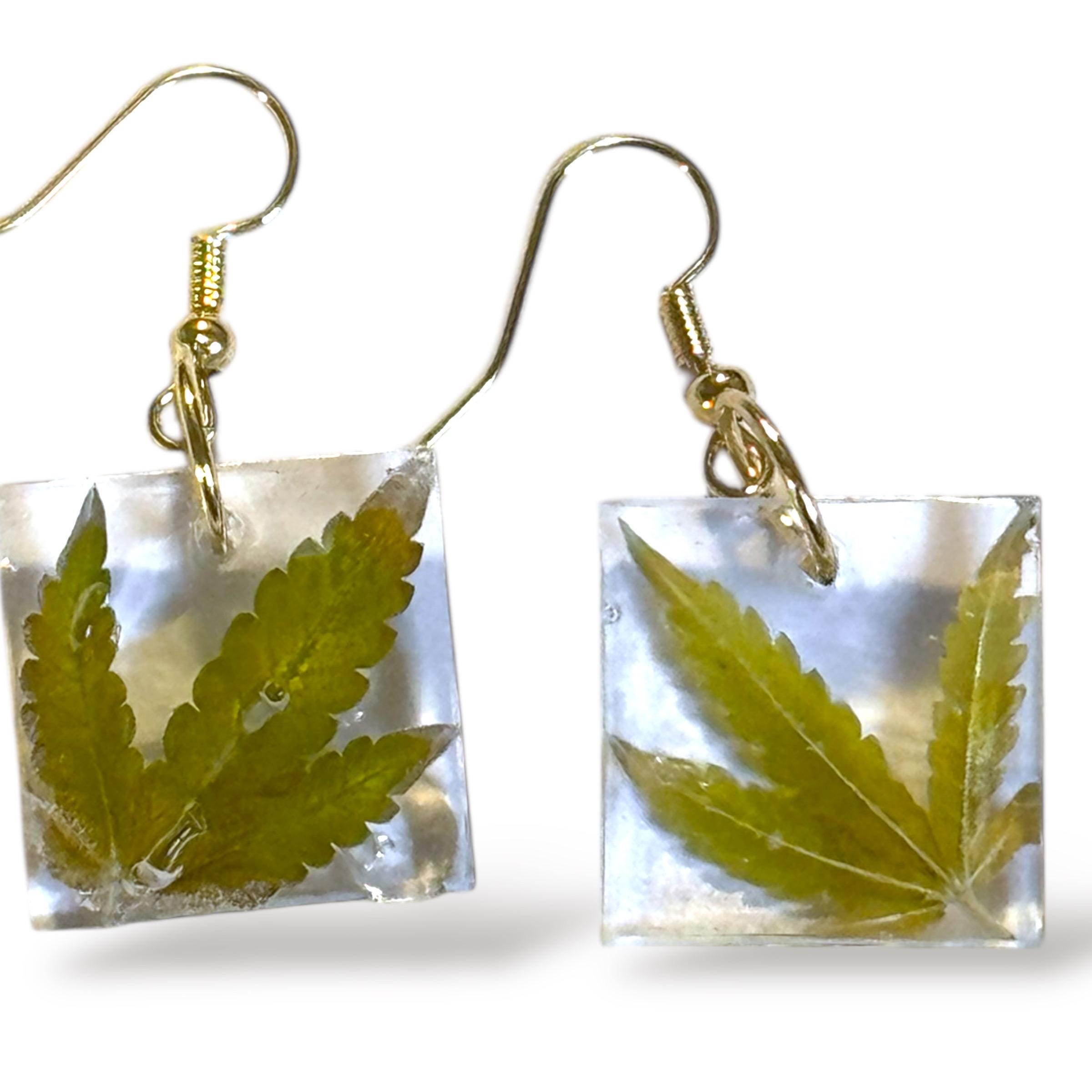 Real cannabis leaf preserved in clear, resin drop dangle, handmade earrings the perfect for 20  gift for your favorite stoner.