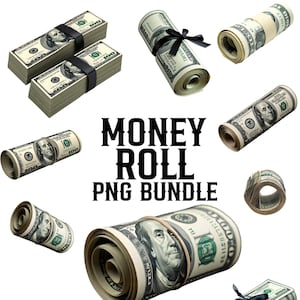Puede incluir: Imagen de billetes de 100 dólares estadounidenses, apilados y enrollados, asegurados con bandas elásticas y cintas negras. Incluye el texto "MONEY ROLL PNG BUNDLE".