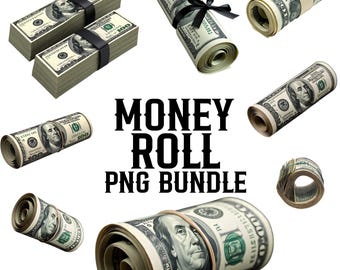 May include: A collection of US $100 bills, both stacked and rolled, secured with rubber bands and black ribbons. The image includes the text "MONEY ROLL PNG BUNDLE".
