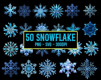 May include: A collection of 50 blue snowflake designs on a black background. The snowflakes vary in shape and detail, with a range of icy blue hues. Text in a yellow box reads "50 SNOWFLAKE PNG - SVG - 300DPI".