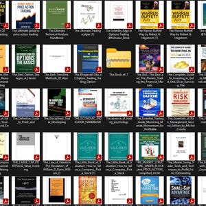 May include: A grid of book covers, primarily featuring titles related to trading, investing, and finance. The covers display a variety of colors and designs, with text and graphics. The books cover topics like options, forex, and market analysis.