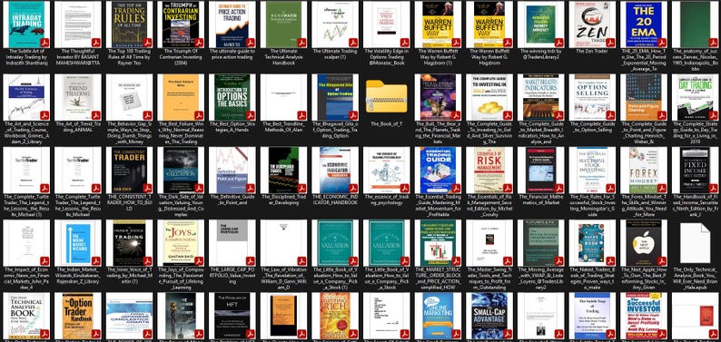 May include: A grid of book covers, primarily featuring titles related to trading, investing, and finance. The covers display a variety of colors and designs, with text and graphics. The books cover topics like options, forex, and market analysis.