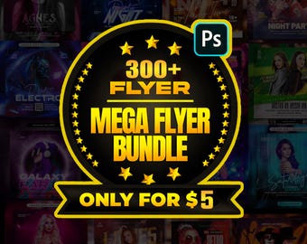 May include: A collection of promotional flyers with a central graphic that reads "300+ Flyer Mega Flyer Bundle." The flyers feature various themes, including night parties, music events, and Halloween. The design includes a Photoshop icon.