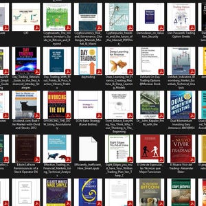 May include: A collection of PDF documents and files related to trading and finance. The thumbnails display book covers with titles such as "Day Trading", "Bitcoin", and "Dark Markets". The documents are arranged on a dark background.