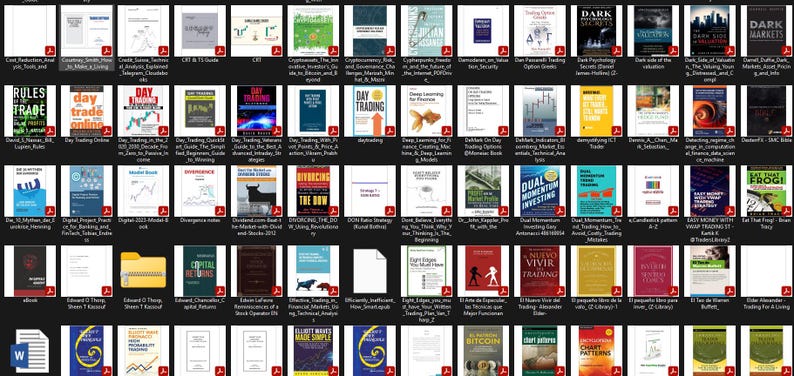 May include: A collection of PDF documents and files related to trading and finance. The thumbnails display book covers with titles such as "Day Trading", "Bitcoin", and "Dark Markets". The documents are arranged on a dark background.