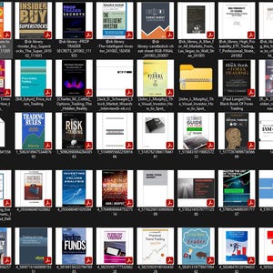 May include: A collection of books with titles related to finance, trading, and investment. The covers feature various colors and designs, with text and graphics. The books cover topics like stocks, trading, and market analysis.
