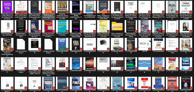 May include: A collection of books with titles related to finance, trading, and investment. The covers feature various colors and designs, with text and graphics. The books cover topics like stocks, trading, and market analysis.