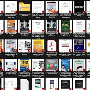 May include: A collection of PDF documents and folders related to trading and finance. The covers feature titles like "How to Make Money in Stocks", "Day Trading", and "Breakout Trading". The color scheme is varied, with red, yellow, and blue accents.