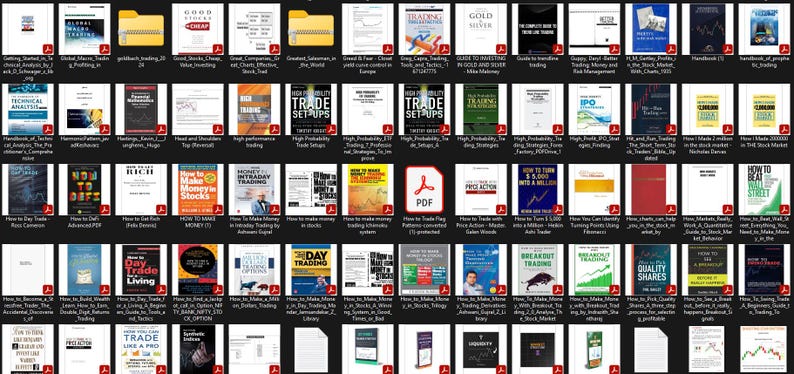 May include: A collection of PDF documents and folders related to trading and finance. The covers feature titles like "How to Make Money in Stocks", "Day Trading", and "Breakout Trading". The color scheme is varied, with red, yellow, and blue accents.