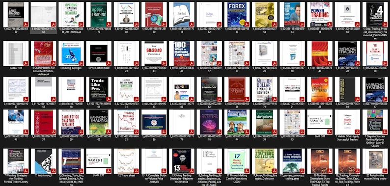 May include: A grid of book covers related to trading and finance. The covers feature various colors and designs, with titles such as "FOREX", "Trading", and "Million Dollar Financial Advisor". The image is a collection of resources for financial education.