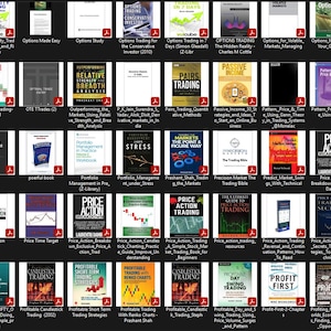 May include: A collection of books on trading and finance, with titles like "Options Trading Tactics," "Volatility & Pricing," and "Price Action Trading." The covers feature various colors and designs, with text and graphics.