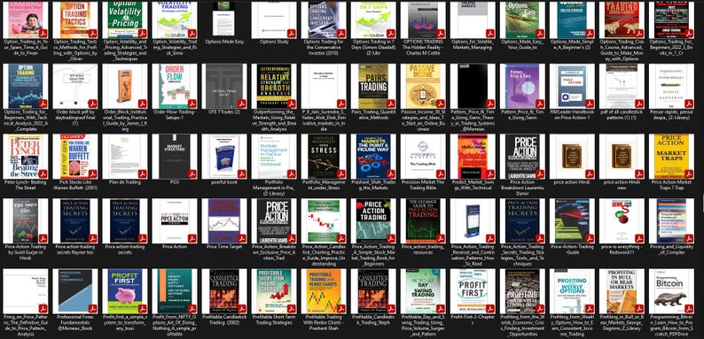 May include: A collection of books on trading and finance, with titles like "Options Trading Tactics," "Volatility & Pricing," and "Price Action Trading." The covers feature various colors and designs, with text and graphics.