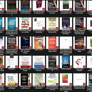 May include: A collection of book covers related to trading and finance. The covers feature various colors and designs, with titles such as "Trading in the Zone", "Trade Like a Pro", and "Trading Price Action Reversals".