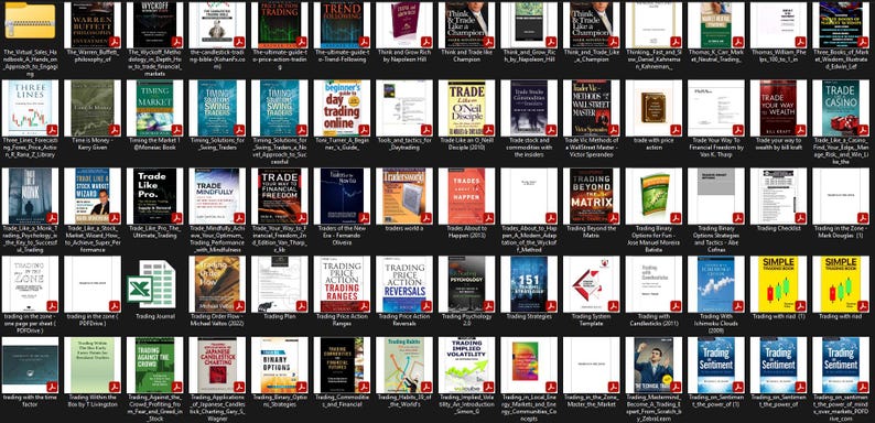 May include: A collection of book covers related to trading and finance. The covers feature various colors and designs, with titles such as "Trading in the Zone", "Trade Like a Pro", and "Trading Price Action Reversals".