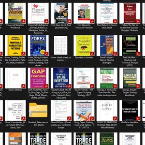 May include: A grid of various books and documents related to finance and trading. The covers display titles such as "FOREX," "Gann," and "GAP TRADING." The color scheme varies, with some books featuring bright colors and others in more muted tones.