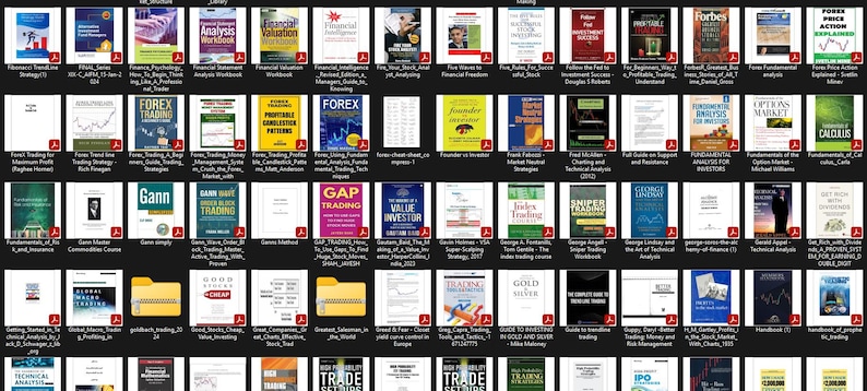 May include: A grid of various books and documents related to finance and trading. The covers display titles such as "FOREX," "Gann," and "GAP TRADING." The color scheme varies, with some books featuring bright colors and others in more muted tones.