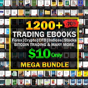 Puede incluir: Imagen promocional de un mega pack de más de 1200 libros electrónicos de trading. La imagen presenta el texto "1200+ TRADING EBOOKS" en letras grandes, con subtítulos para Forex, Crypto, CFD, Índices, Acciones y trading de Bitcoin. También se muestra una oferta especial de hasta el 70% de descuento.