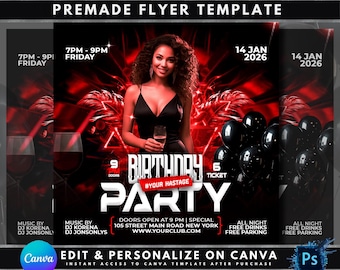 Red Birthday Party Flyer Template, Club Invitation (PDF Image)