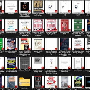May include: A collection of book covers on a black background. The books cover topics such as investing, trading, and business. The covers feature various colors, text, and graphics. Some books have titles like "Invent & Wander" and "Top 10 Trading Setups".
