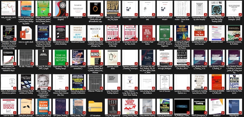 May include: A collection of book covers on a black background. The books cover topics such as investing, trading, and business. The covers feature various colors, text, and graphics. Some books have titles like "Invent & Wander" and "Top 10 Trading Setups".