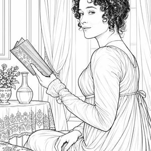 May include: A black and white line art illustration of a person with curly hair wearing a long-sleeved empire waist gown, holding an open book. The scene includes a small table with a vase of flowers and a glass carafe, set before draped curtains.