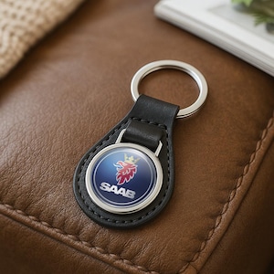 Saab Custom Leather Keychain | Personalized Car Logo Key Ring | Handmade Gift for Him | Auto Key Fob Charm | Father&#39;s Day Gift