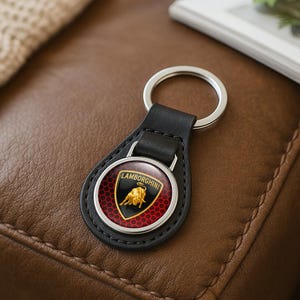 Lamborghini Custom Leather Keychain | Personalized Car Logo Key Ring | Handmade Gift for Him | Auto Key Fob Charm | Father&#39;s Day Gift