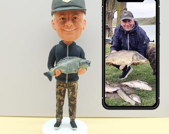 Custom Fishing Bobblehead doll, Personalized Polymer Clay 3D Fisherman Statue,  Fishing Souvenir for Him