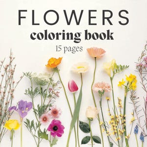 Può includere: Un "libro da colorare FIORI" di 15 pagine. La copertina presenta una varietà di fiori colorati, tra cui papaveri arancioni, tulipani rosa e narcisi gialli, su uno sfondo bianco. Il titolo del libro è in grassetto nero.