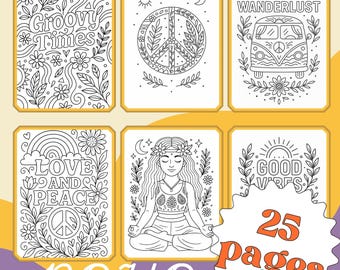 May include: A collection of six black and white Boho-themed coloring pages with floral and peace sign designs. The pages include the phrases "Groovy Times", "Love and Peace", "Wanderlust", and "Good Vibes". The image also shows "25 pages" and the word "Boho".