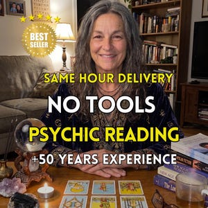 May include: An advertisement for psychic readings. The image features a woman with long grey hair, smiling. Text includes "Same Hour Delivery, No Tools, Psychic Reading, +50 Years Experience." A crystal ball, tarot cards, and books are on the table.