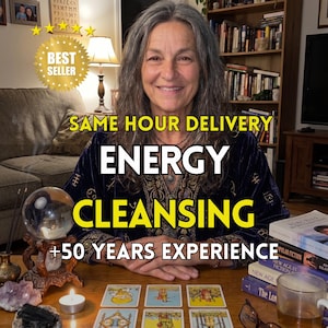 May include: A woman with long grey hair smiles at the camera. Text reads "Energy Cleansing +50 Years Experience." A crystal ball, tarot cards, and books are on the table. A "Best Seller" badge is in the upper left corner.