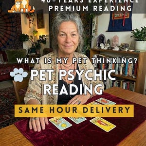 May include: An image promoting pet psychic readings. The text includes "40+ YEARS EXPERIENCE PREMIUM READING", "WHAT IS MY PET THINKING?", "PET PSYCHIC READING", and "SAME HOUR DELIVERY". The image features a woman and tarot cards.