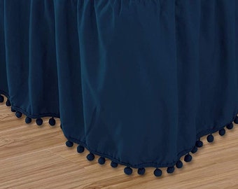 Navy Blue Pom Bed Skirt, Tassel Bed Skirt,  Bed Skirt with Tassel color options, pom dust ruffle