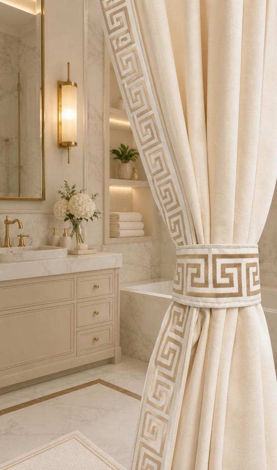 Greek Key trimmed Shower Curtain, Greek Key color options