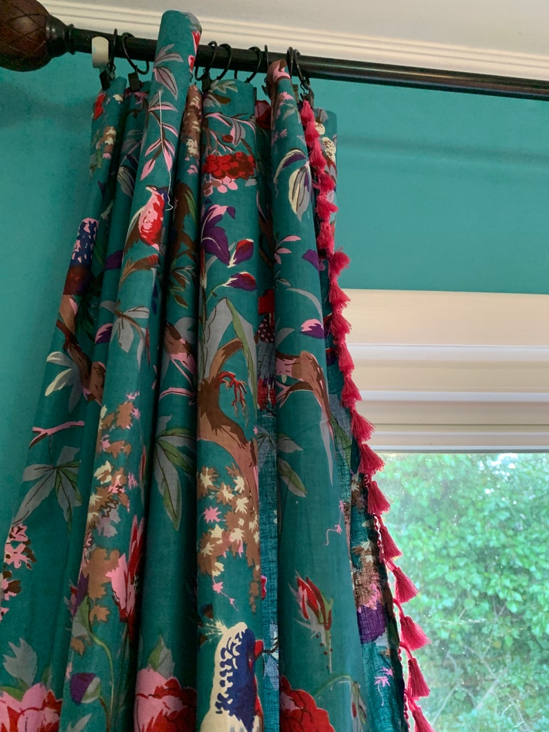 Vintage Cotton Tassel Trim Curtains Bird Print Tassel Etsy