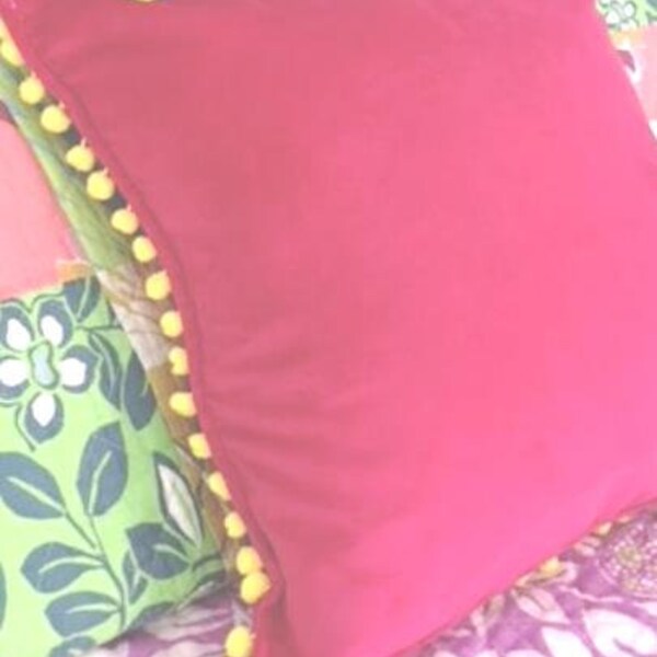 Raspberry Pink Velvet Pillow cover with Pom Pom color choice