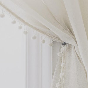 Ivory Sheer Curtains with Ivory Pom trim, Pom sheers