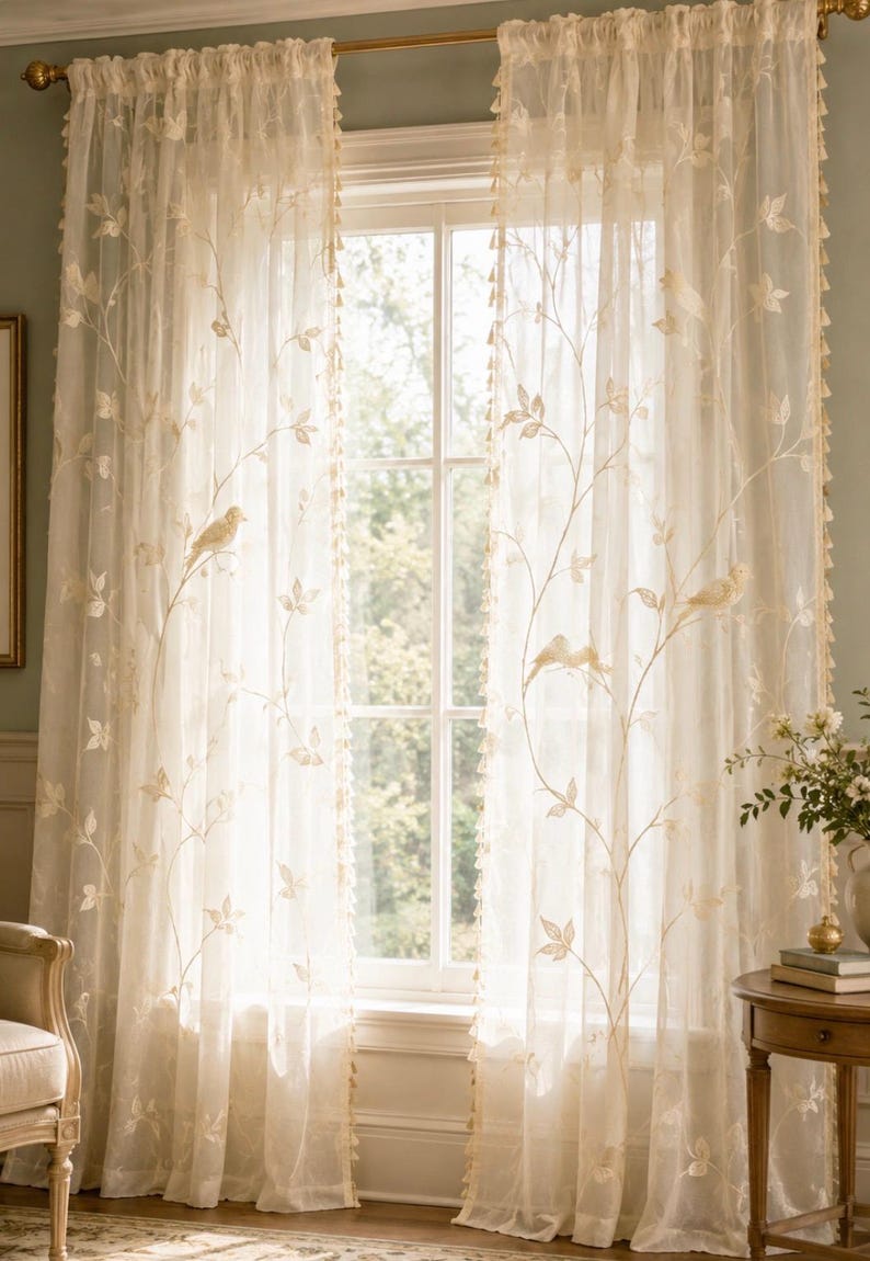 Pu&ograve; includere: Una coppia di tende trasparenti color bianco sporco con delicati motivi a vite ricamati e piccoli uccelli appollaiati sui rami. I bordi delle tende sono rifiniti con una frangia decorativa e sono appese a un bastone per tende dorato.
