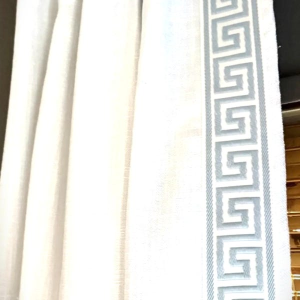 Greek Key Curtains, Greek Key trimmed curtains, Greek Key Blackout Curtains, Greek Pinch Pleated Curtains, Greek trim color options