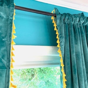 Velvet Curtains with Tassel  trim, Tassel and fabric color options, Tassel Velvet Curtains, Pleated Velvet Tassel curtains, color options