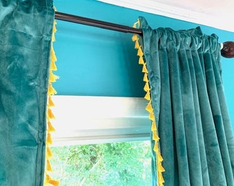 Velvet Curtains with Tassel  trim, Tassel and fabric color options, Tassel Velvet Curtains, Pleated Velvet Tassel curtains, color options