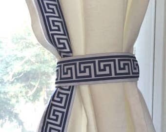 Greek Key Curtains, Greek Key trimmed curtains, Ribbon trimmed curtains, Greek trim color options
