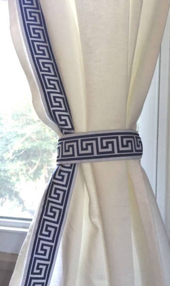 Greek Key Trimmed Curtain Australia Greek Key Trimmed Curtain Australia, White Curtains With Navy Blue Trim