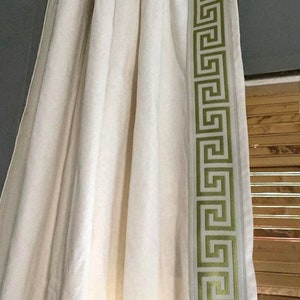 Ivory Linen Cotton Blend Greek Key Trim Curtains, Greek Key Curtains, Off white Greek Key Drapes/pair/ color options