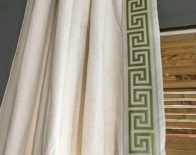 Ivory Linen Cotton Blend Greek Key Trim Curtains, Greek Key Curtains, off White Greek Key Drapes